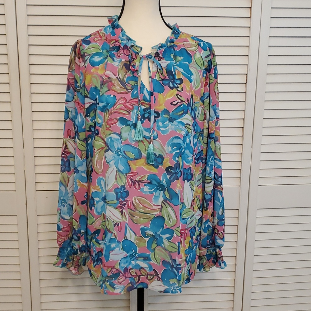 Belle Kim Gravel Blue Floral Top with Keyhole Tie, Size Medium